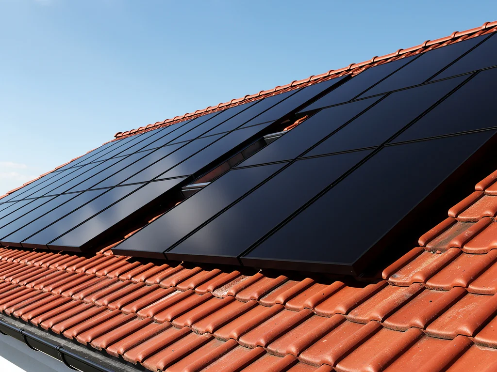 Rangée de panneaux solaires noirs alignés sur une toiture en tuiles rouges