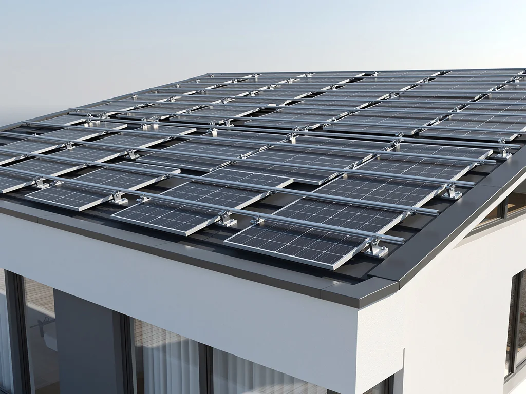 Panneaux photovoltaïques posés sur le toit plat d'une maison contemporaine
