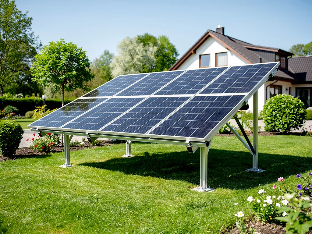Panneaux solaires montés au sol sur structure métallique dans un jardin