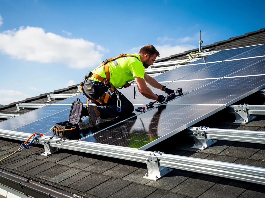 Technicien harnaché fixant un panneau solaire sur les rails d'un toit