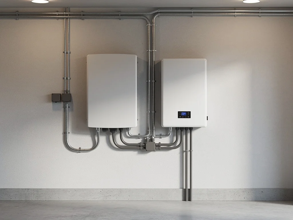 Onduleur et batterie de stockage solaire installés au mur d'un garage