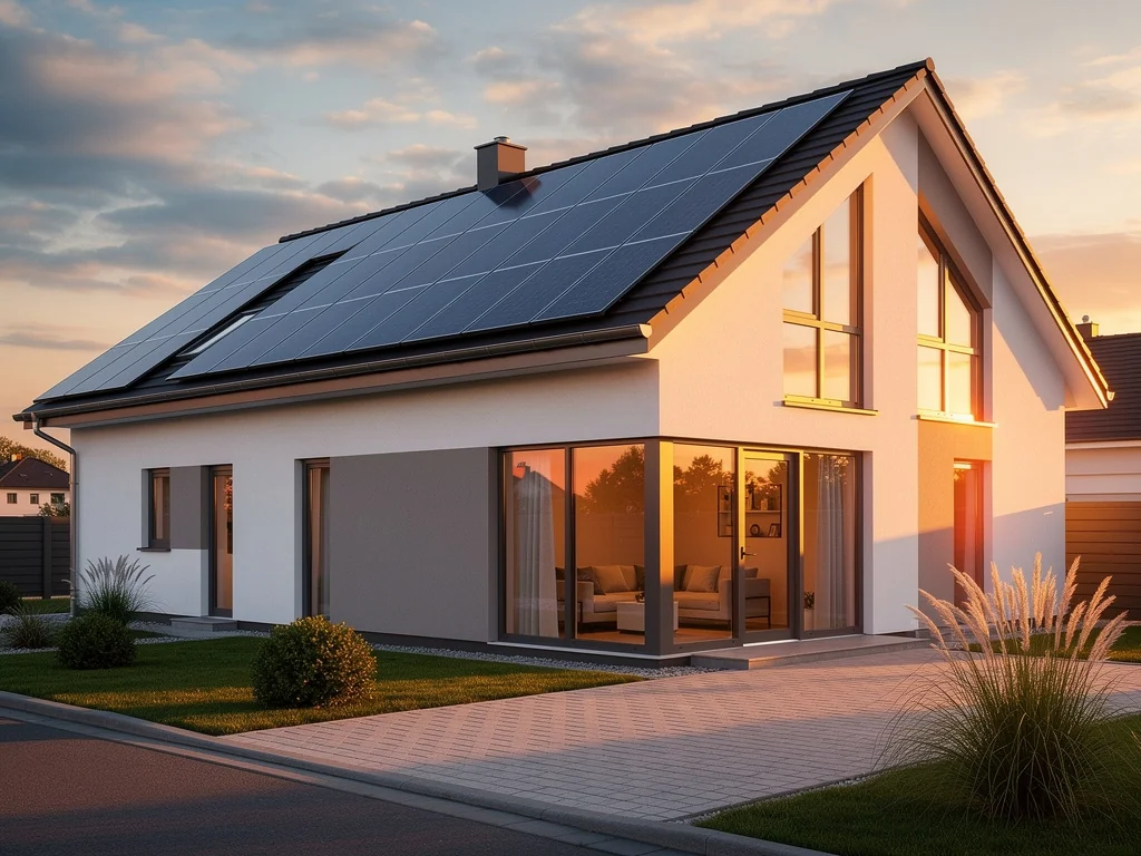 Maison équipée de panneaux solaires en toiture éclairée au coucher du soleil